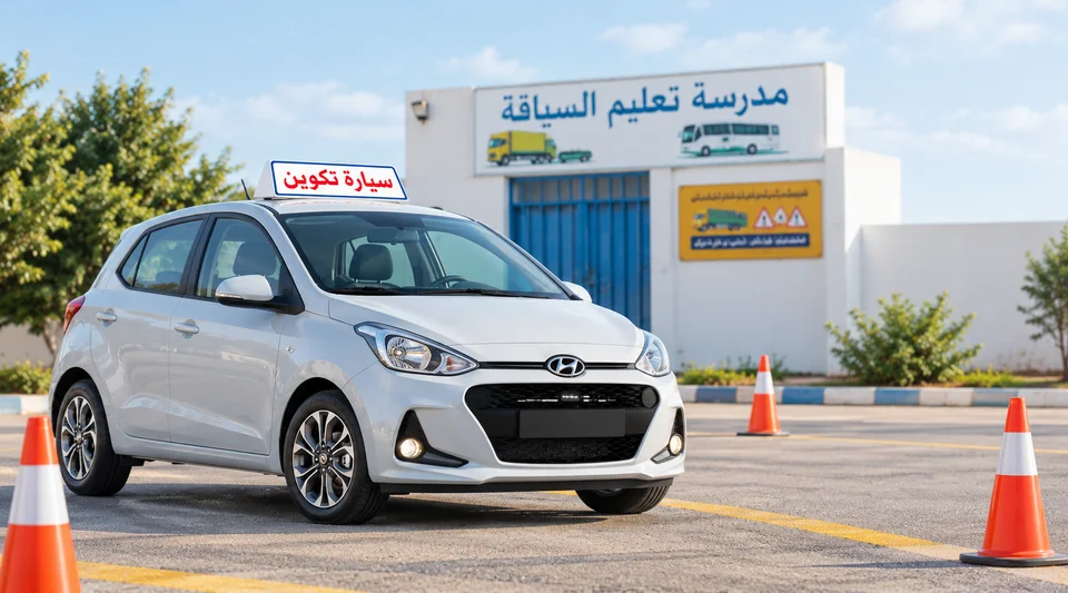 Voiture Hyundai blanche équipée d’une enseigne de formation, devant une auto-école et des cônes de conduite.